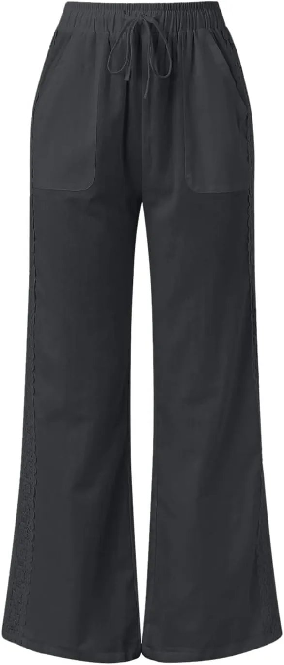 Plus Size Summer Pants for Women 2025 Casual Lightweight Cotton Linen Pants Breathable Straight Leg Trousers Pockets