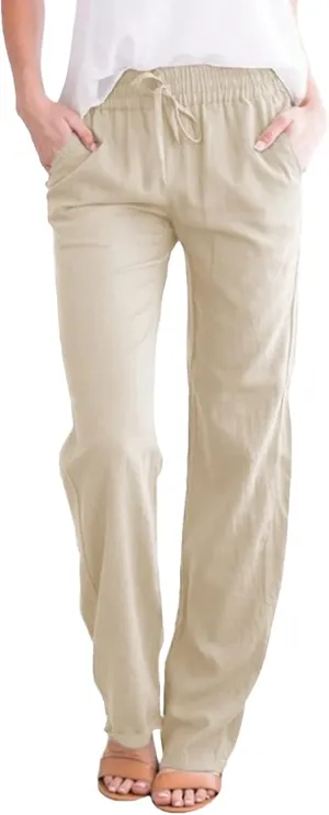 Plus Size Womens Pants Linen Drawstring Casual Summer Pants Woman Relax Fit Comfortable Beach Trousers with Pockets