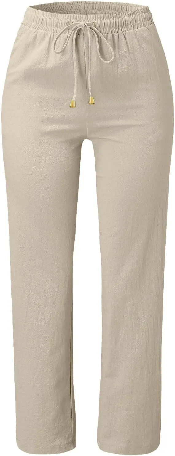 Plus Size Womens Pants Linen Drawstring Casual Summer Pants Woman Relax Fit Comfortable Beach Trousers with Pockets