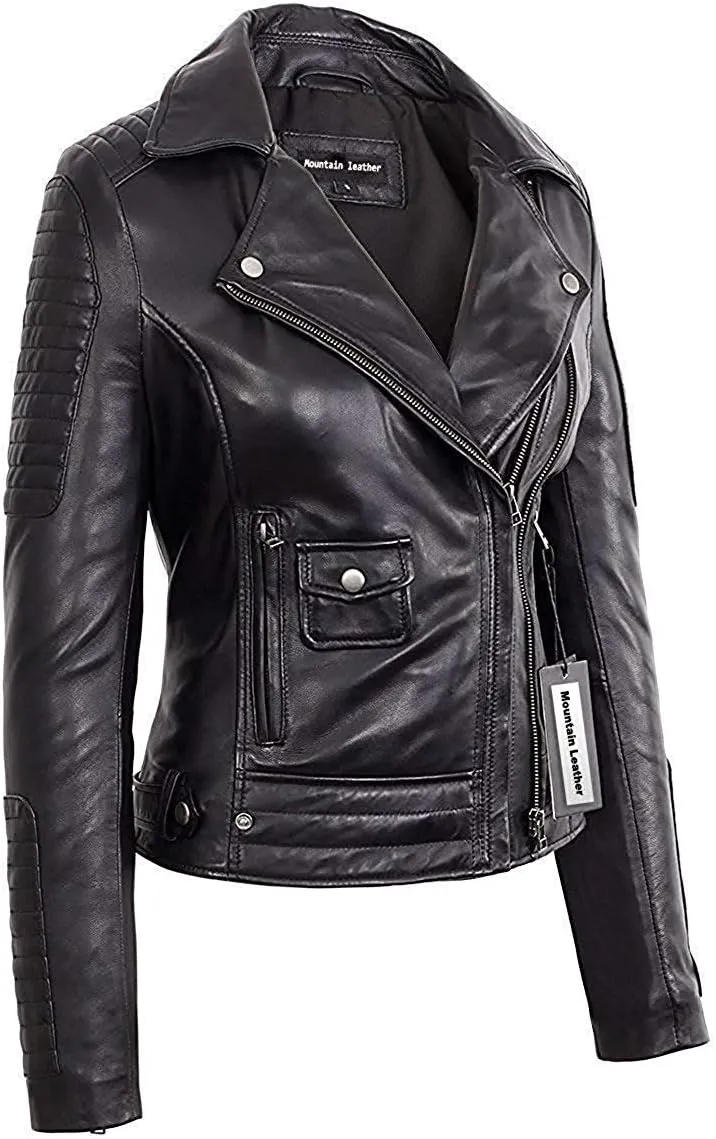 Quilted Slimfit genuine Lambskin Black Motorcycle Leather Jacket for womens