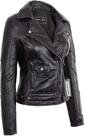 Quilted Slimfit genuine Lambskin Black Motorcycle Leather Jacket for womens