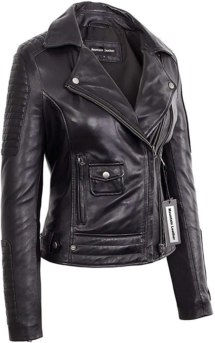 Quilted Slimfit genuine Lambskin Black Motorcycle Leather Jacket for womens