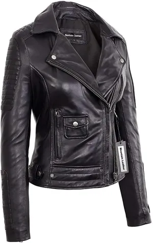 Quilted Slimfit genuine Lambskin Black Motorcycle Leather Jacket for womens