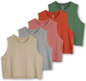 Real Essentials 5 Pack: Women's Dry Fit Crop Summer Tank Top - Gym Yoga Workout Sports Tee (Available in Plus Size)