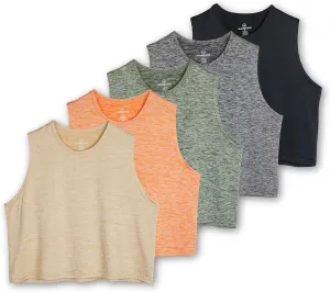 Real Essentials 5 Pack: Women's Dry Fit Crop Summer Tank Top - Gym Yoga Workout Sports Tee (Available in Plus Size)
