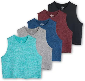 Real Essentials 5 Pack: Women's Dry Fit Crop Summer Tank Top - Gym Yoga Workout Sports Tee (Available in Plus Size)