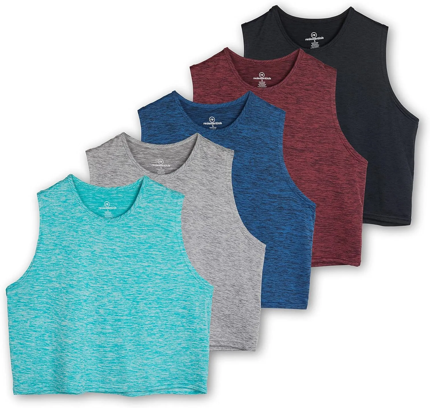 Real Essentials 5 Pack: Women's Dry Fit Crop Summer Tank Top - Gym Yoga Workout Sports Tee (Available in Plus Size)