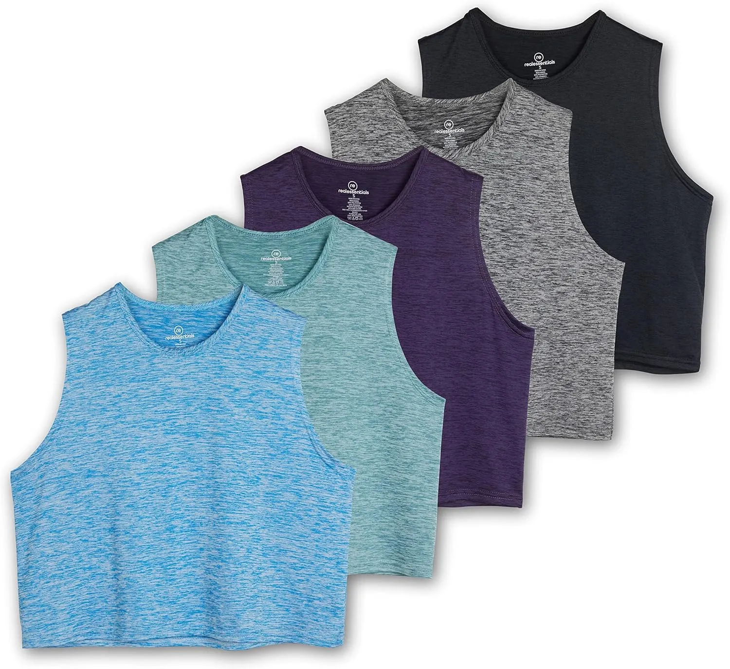 Real Essentials 5 Pack: Women's Dry Fit Crop Summer Tank Top - Gym Yoga Workout Sports Tee (Available in Plus Size)