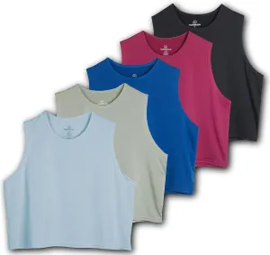 Real Essentials 5 Pack: Women's Dry Fit Crop Summer Tank Top - Gym Yoga Workout Sports Tee (Available in Plus Size)