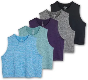 Real Essentials 5 Pack: Women's Dry Fit Crop Summer Tank Top - Gym Yoga Workout Sports Tee (Available in Plus Size)