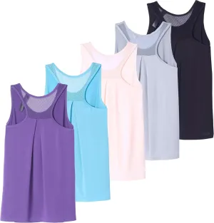 Real Essentials 5 Pack: Women's Racerback Workout Tank Top Mesh Back Dry-Fit Sleeveless Running Gym (Available in Plus Size)