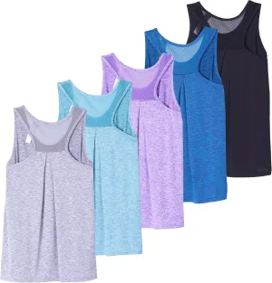 Real Essentials 5 Pack: Women's Racerback Workout Tank Top Mesh Back Dry-Fit Sleeveless Running Gym (Available in Plus Size)
