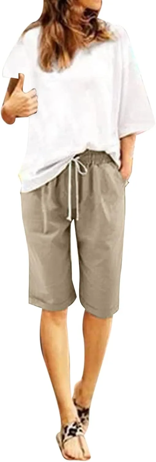 sdbrld Bermuda Shorts for Women,Womens Bermuda Shorts Trendy Summer Drawstring Shorts High Waisted Cotton Athletic Shorts