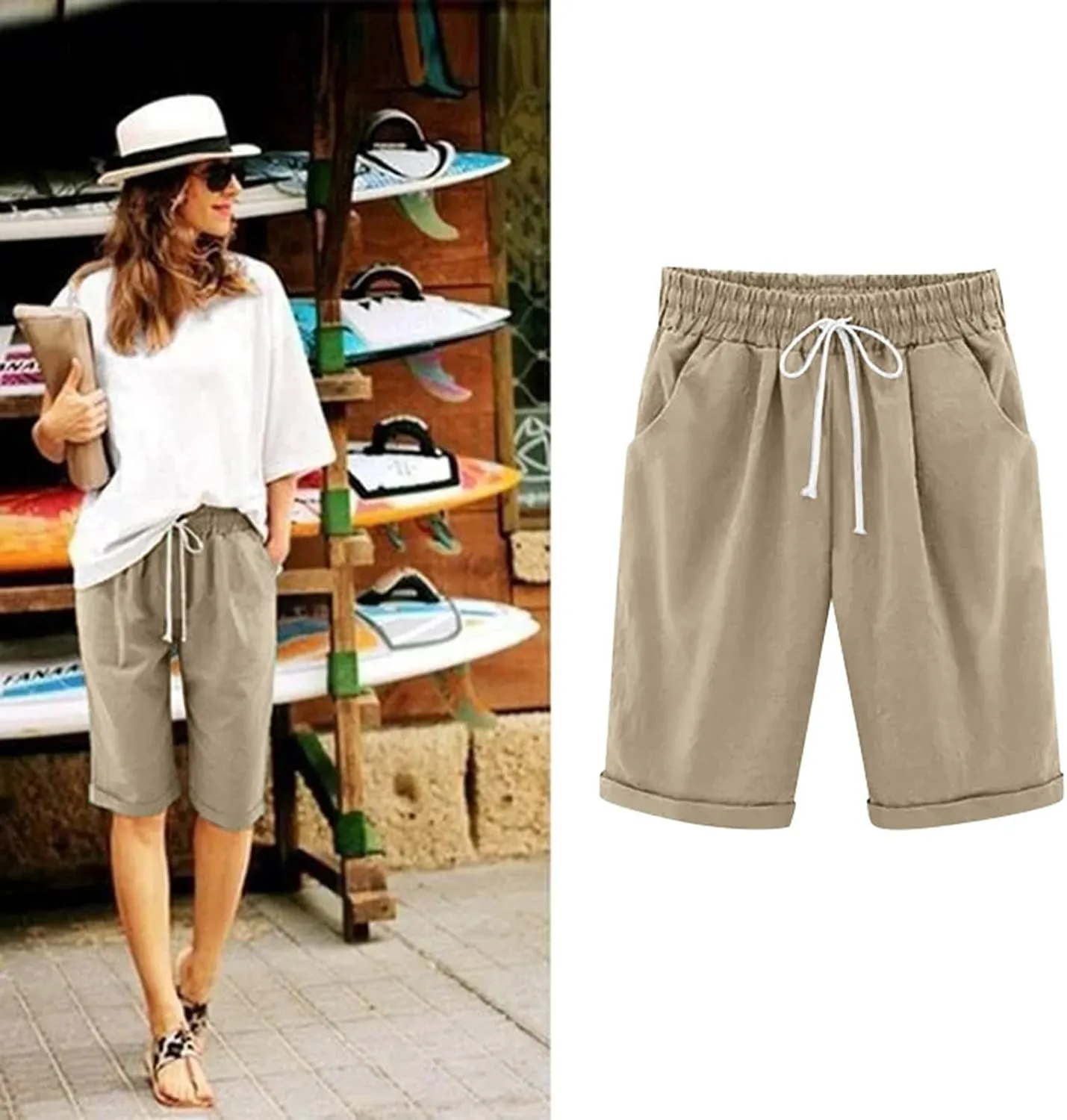 sdbrld Bermuda Shorts for Women,Womens Bermuda Shorts Trendy Summer Drawstring Shorts High Waisted Cotton Athletic Shorts