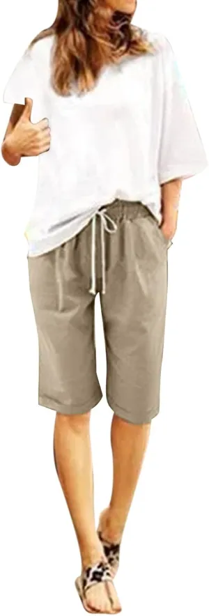 sdbrld Bermuda Shorts for Women,Womens Bermuda Shorts Trendy Summer Drawstring Shorts High Waisted Cotton Athletic Shorts
