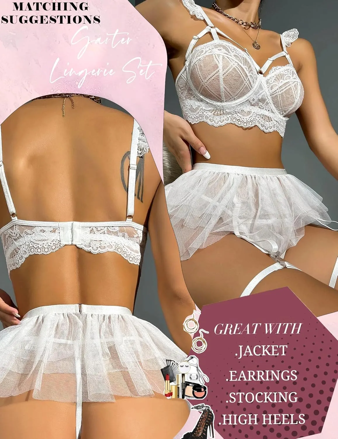 Sexy Lingerie Set for Women with Garter Belt Wireless Ruffle Skirts 5 pieces Lace Bodysuit Floral Bra Push Up