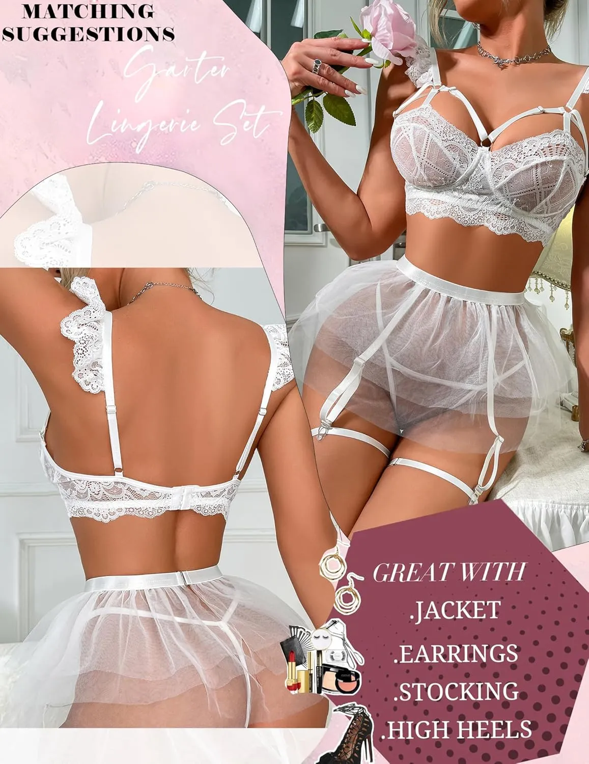 Sexy Lingerie Set for Women with Garter Belt Wireless Ruffle Skirts 5 pieces Lace Bodysuit Floral Bra Push Up