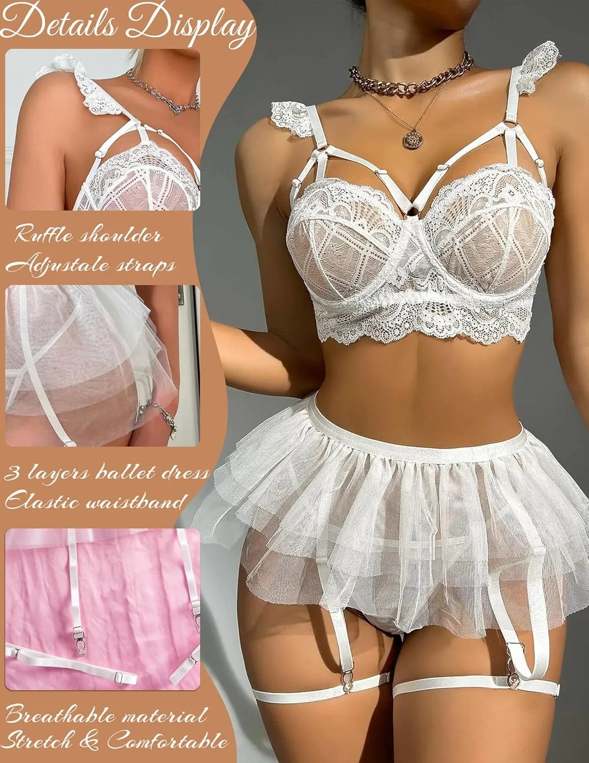 Sexy Lingerie Set for Women with Garter Belt Wireless Ruffle Skirts 5 pieces Lace Bodysuit Floral Bra Push Up