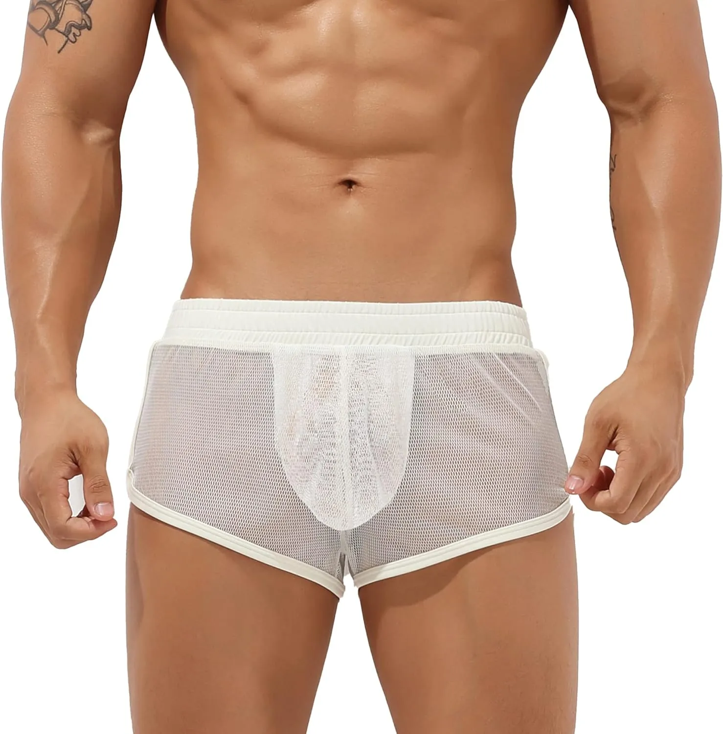 Sexy Men's Mesh Shorts Boxer Briefs Lounge See Through Hollow Lingerie Underpants