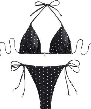 SOLY HUX Women's Polka Dots Print Bathing Suit Halter Triangle Tie Side Bikini Sets Two Piece Swimsuit