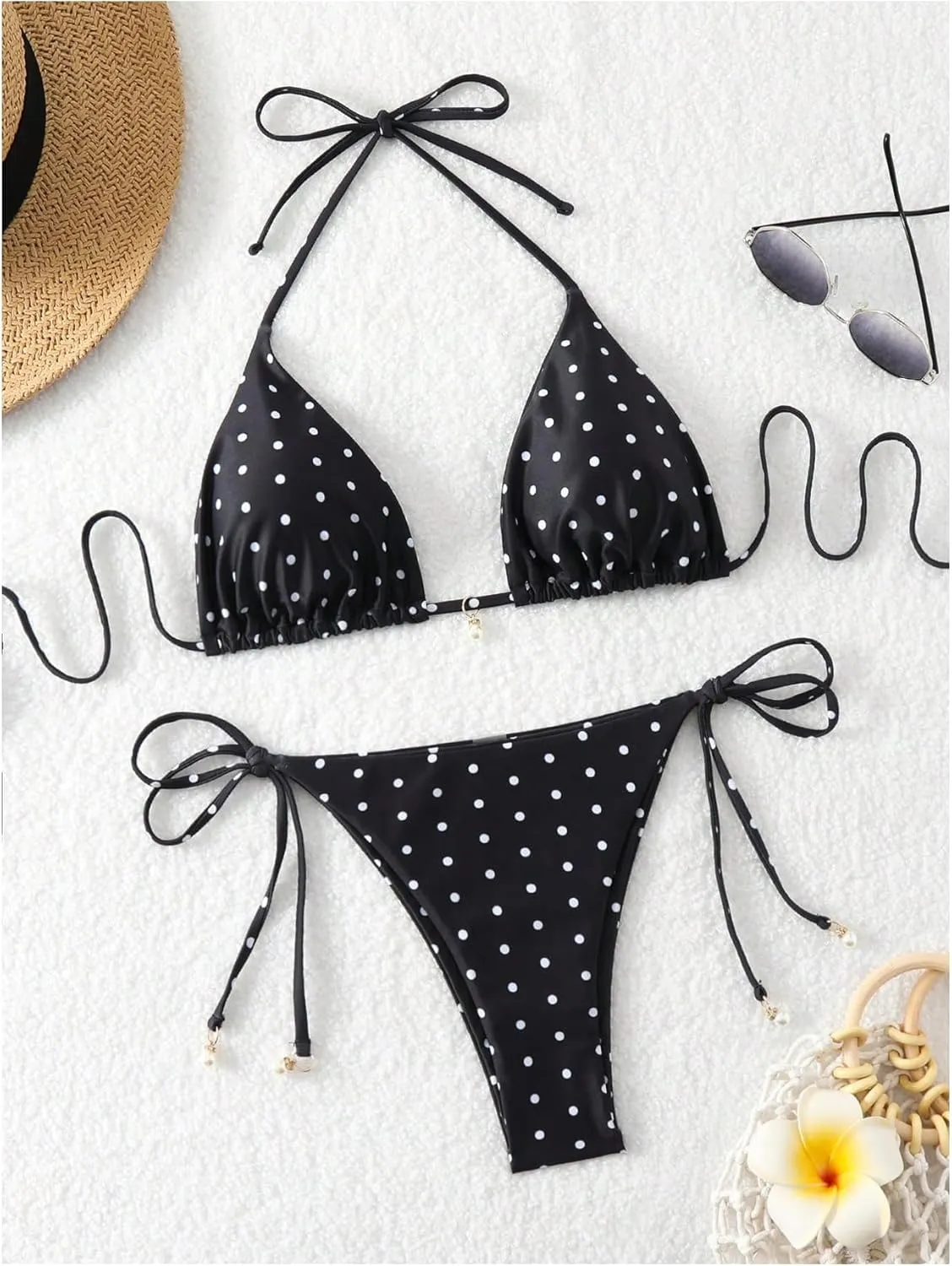 SOLY HUX Women's Polka Dots Print Bathing Suit Halter Triangle Tie Side Bikini Sets Two Piece Swimsuit