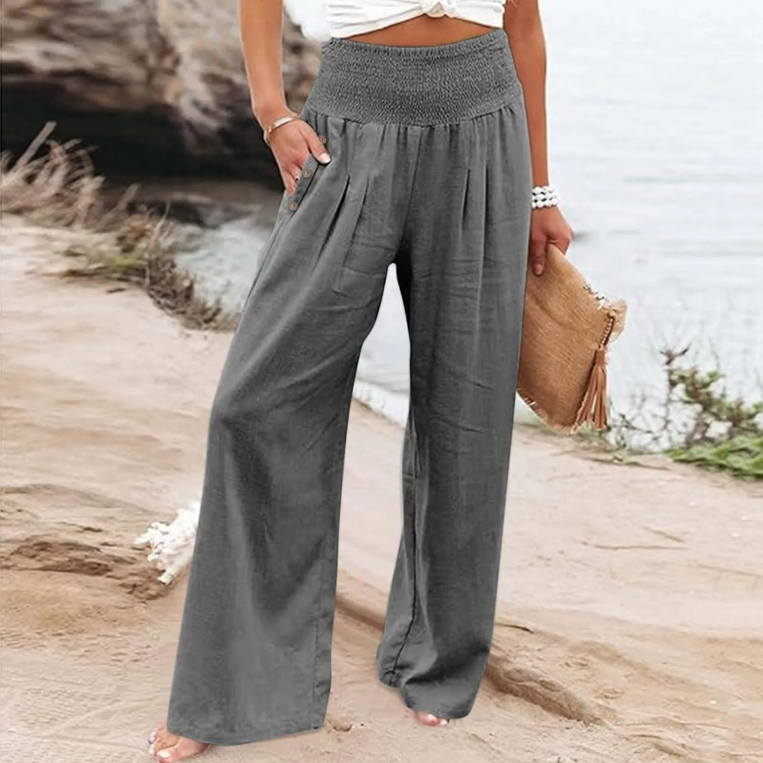 Summer High Waisted Cotton Linen Palazzo Pants for Women Wide Leg Long Lounge Pant Trousers with Pocket