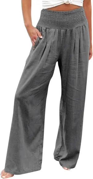 Summer High Waisted Cotton Linen Palazzo Pants for Women Wide Leg Long Lounge Pant Trousers with Pocket