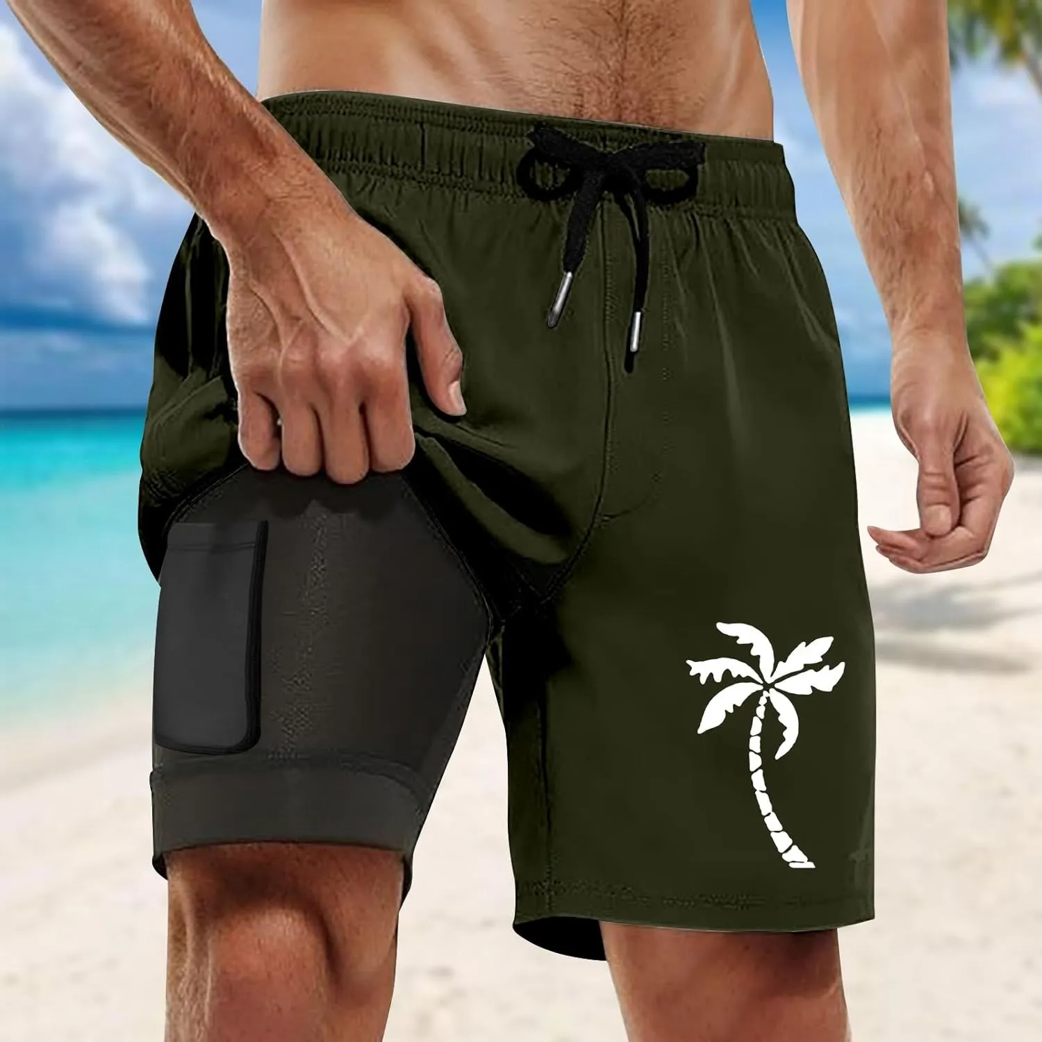 SUWBMHWE Mens Swim Trunks 7 Inch Compression Liner 2 in 1 Quick Dry Swim Short Bathing Suits Swiming Shorts Pockets