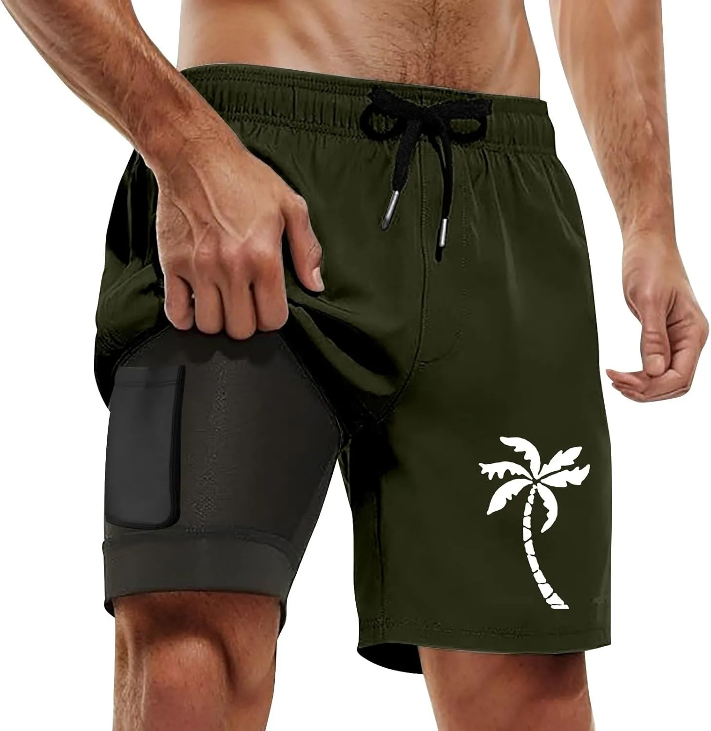 SUWBMHWE Mens Swim Trunks 7 Inch Compression Liner 2 in 1 Quick Dry Swim Short Bathing Suits Swiming Shorts Pockets