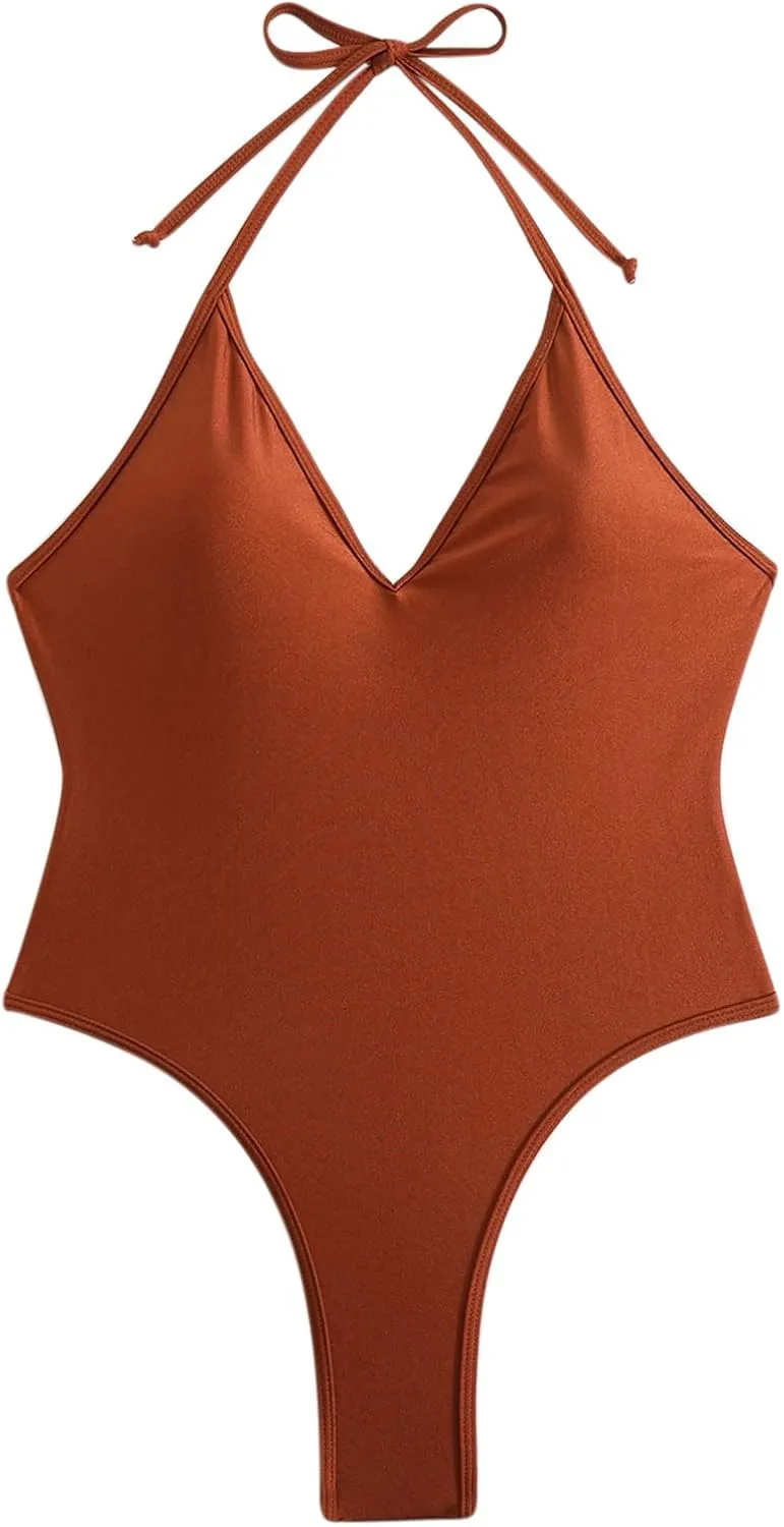 Swim Suits for Women 2025 One Piece Halter Bathing Suits Trendy Backless Tummy Control Slimming V Neck Swimwear