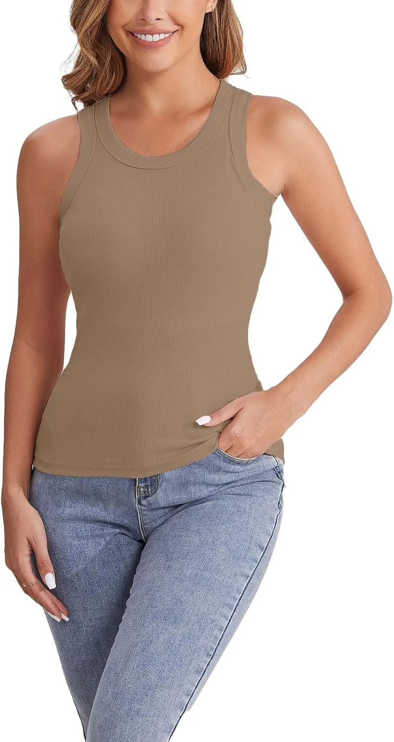 Tank Tops for Women 2025 Built in Shelf Bra Spaghetti Strap Summer Camisole U Neck Slim Fit Ribbed Sleeveless Shirts