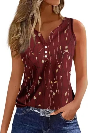 Tank Tops for Women Henley V Neck Printed Shirts 2025 Summer Casual Loose Fit Sleeveless Cute Basic Tanks Tee