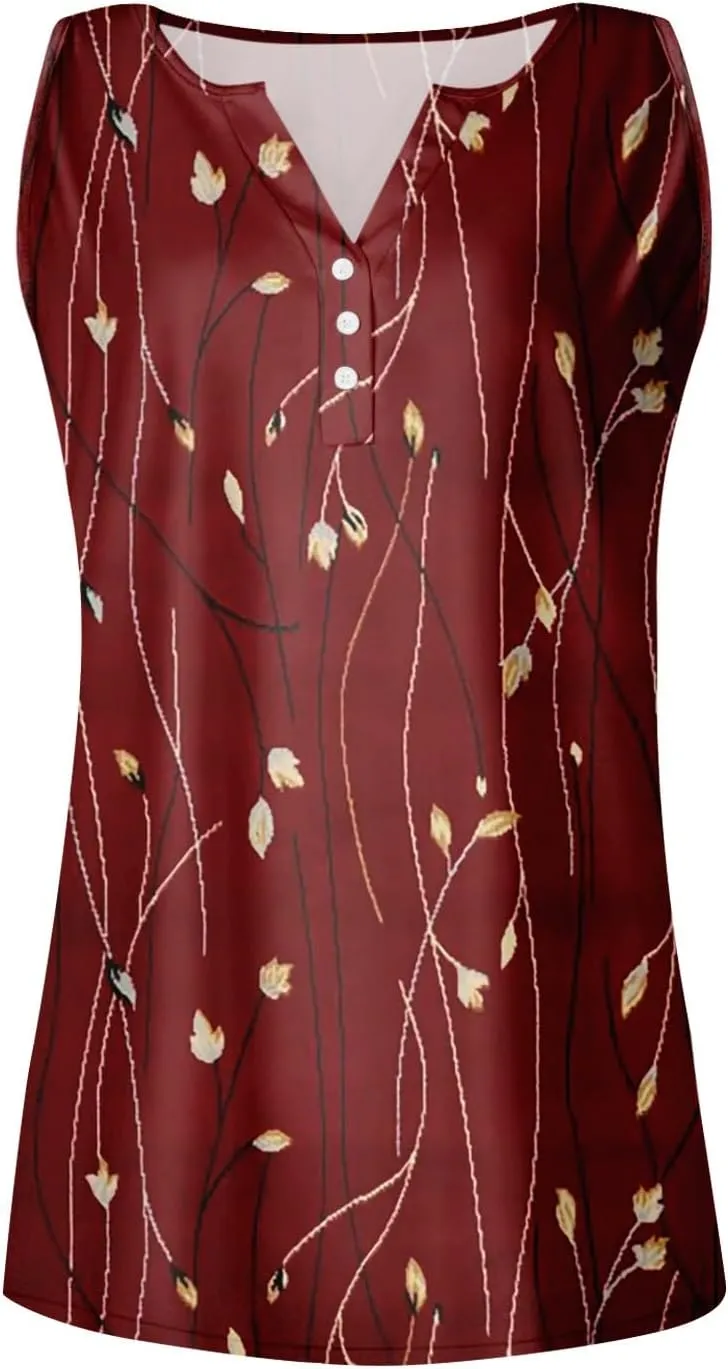 Tank Tops for Women Henley V Neck Printed Shirts 2025 Summer Casual Loose Fit Sleeveless Cute Basic Tanks Tee