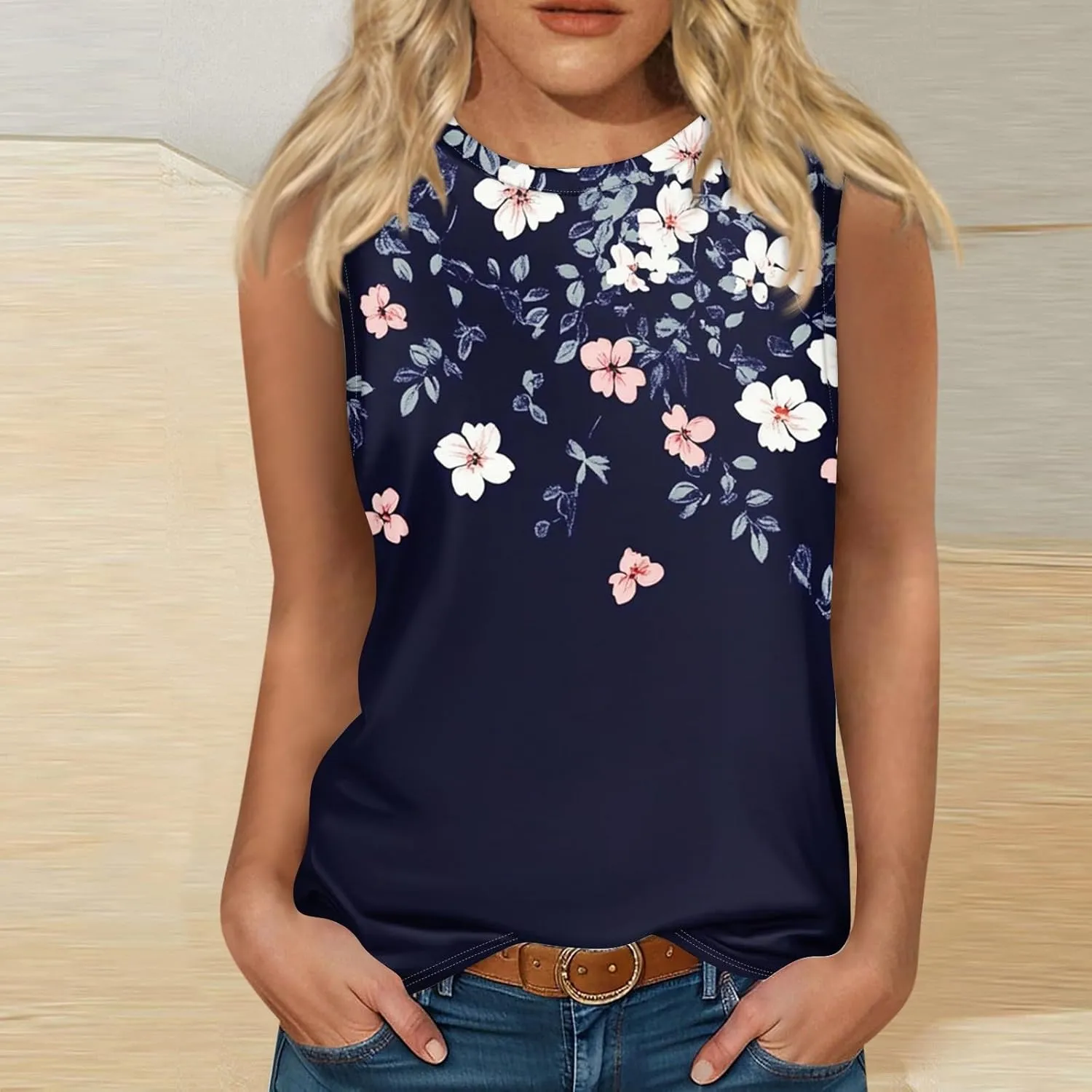 Tank Tops for Women Round Neck Sleeveless Floral Print Shirts 2025 Summer Casual Loose Cute Basic Beach Tanks Tee