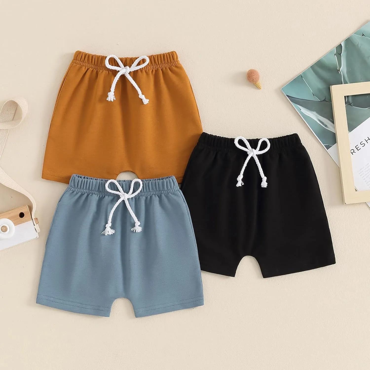 Toddler Baby Boy Shorts 3 Pack Shorts Set Elastic Waist Drawstring Shorts Sweatpants Casual Athletic Sports Shorts