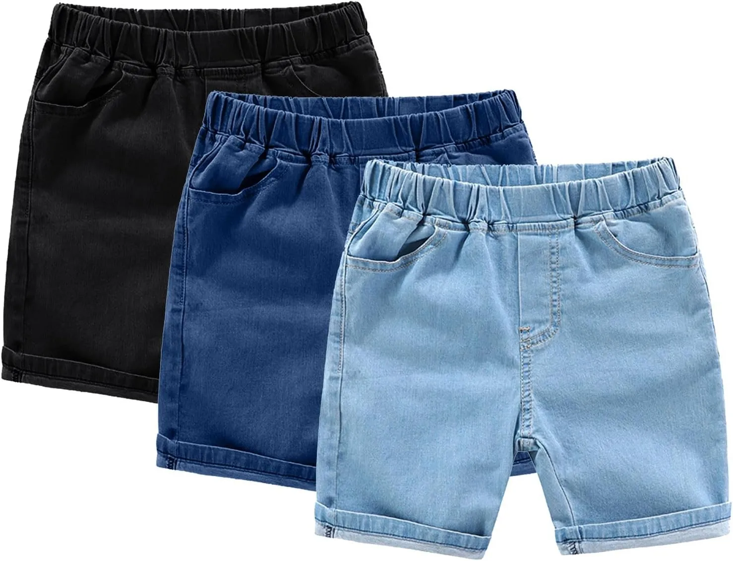 Toddler Pull On Chambray Shorts Boys Girls Roll Up Hem Denim Shorts Elastic Waist Midi Jeans Pants Baby Summer Clothes