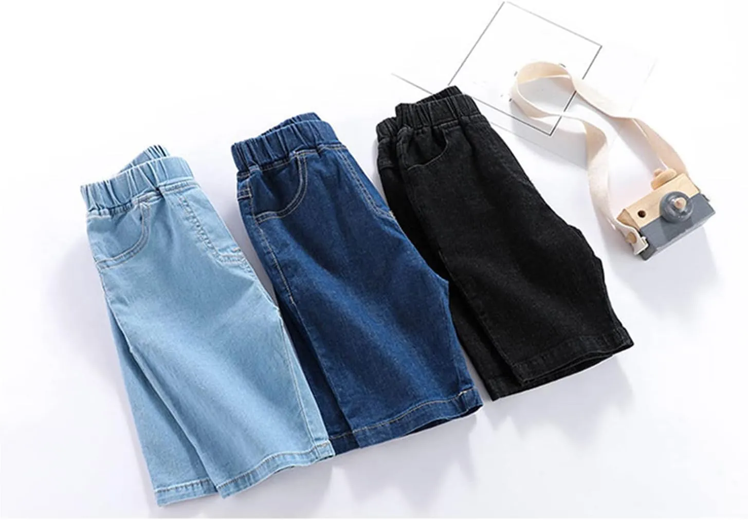 Toddler Pull On Chambray Shorts Boys Girls Roll Up Hem Denim Shorts Elastic Waist Midi Jeans Pants Baby Summer Clothes
