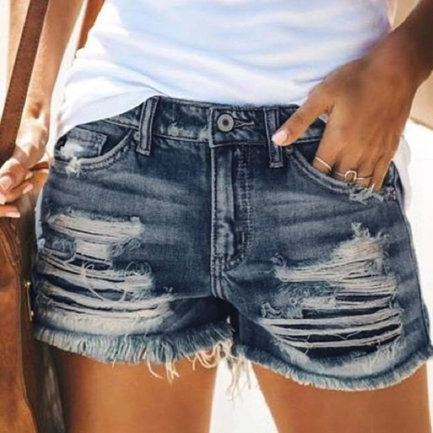 White Denim Shorts for Women Cute Mid Rise Stretch Mom Jean Shorts Solid Frayed Raw Hem Hot Shorts