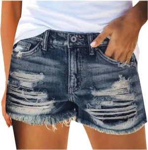 White Denim Shorts for Women Cute Mid Rise Stretch Mom Jean Shorts Solid Frayed Raw Hem Hot Shorts