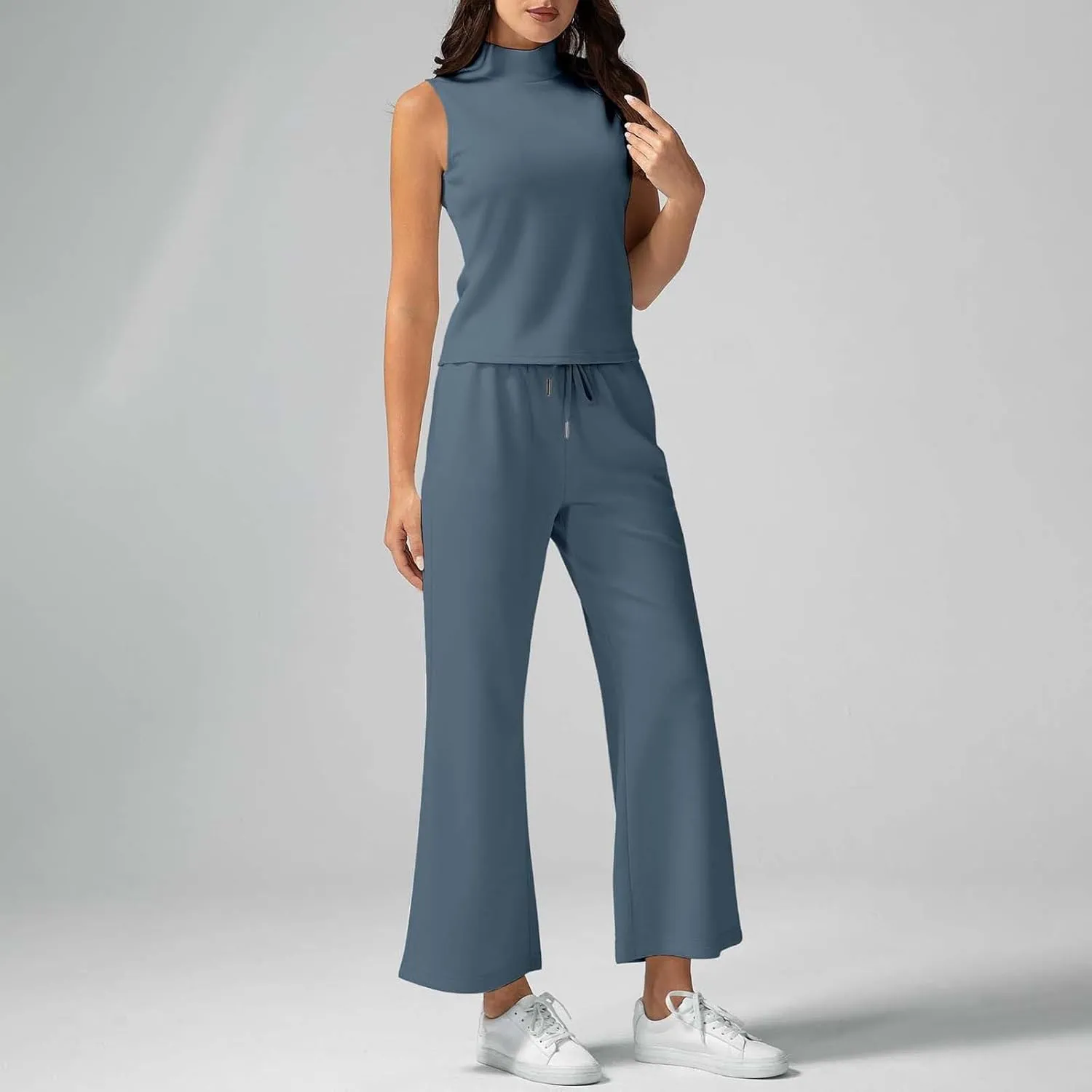 Women 2 Piece High Neck Lounge Sets Summer Travel Sweat Outfits Sleeveless Wide Leg Casual Matching Tracksuits Clothes