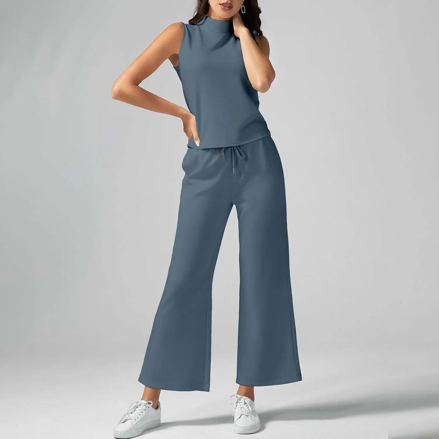 Women 2 Piece High Neck Lounge Sets Summer Travel Sweat Outfits Sleeveless Wide Leg Casual Matching Tracksuits Clothes