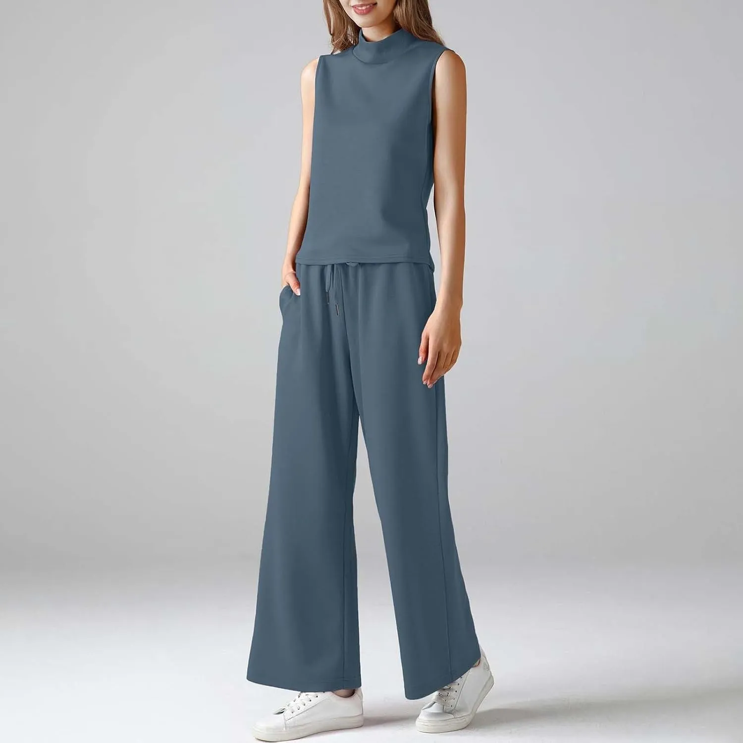 Women 2 Piece High Neck Lounge Sets Summer Travel Sweat Outfits Sleeveless Wide Leg Casual Matching Tracksuits Clothes