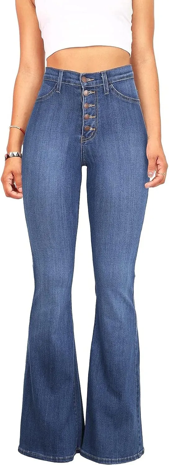 Women Bell Bottom Jeans Retro High Rise Trumpet Flare Jean Trendy Jogger Tummy Control Stretch Wide Leg Jeans