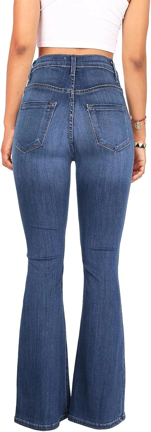 Women Bell Bottom Jeans Retro High Rise Trumpet Flare Jean Trendy Jogger Tummy Control Stretch Wide Leg Jeans