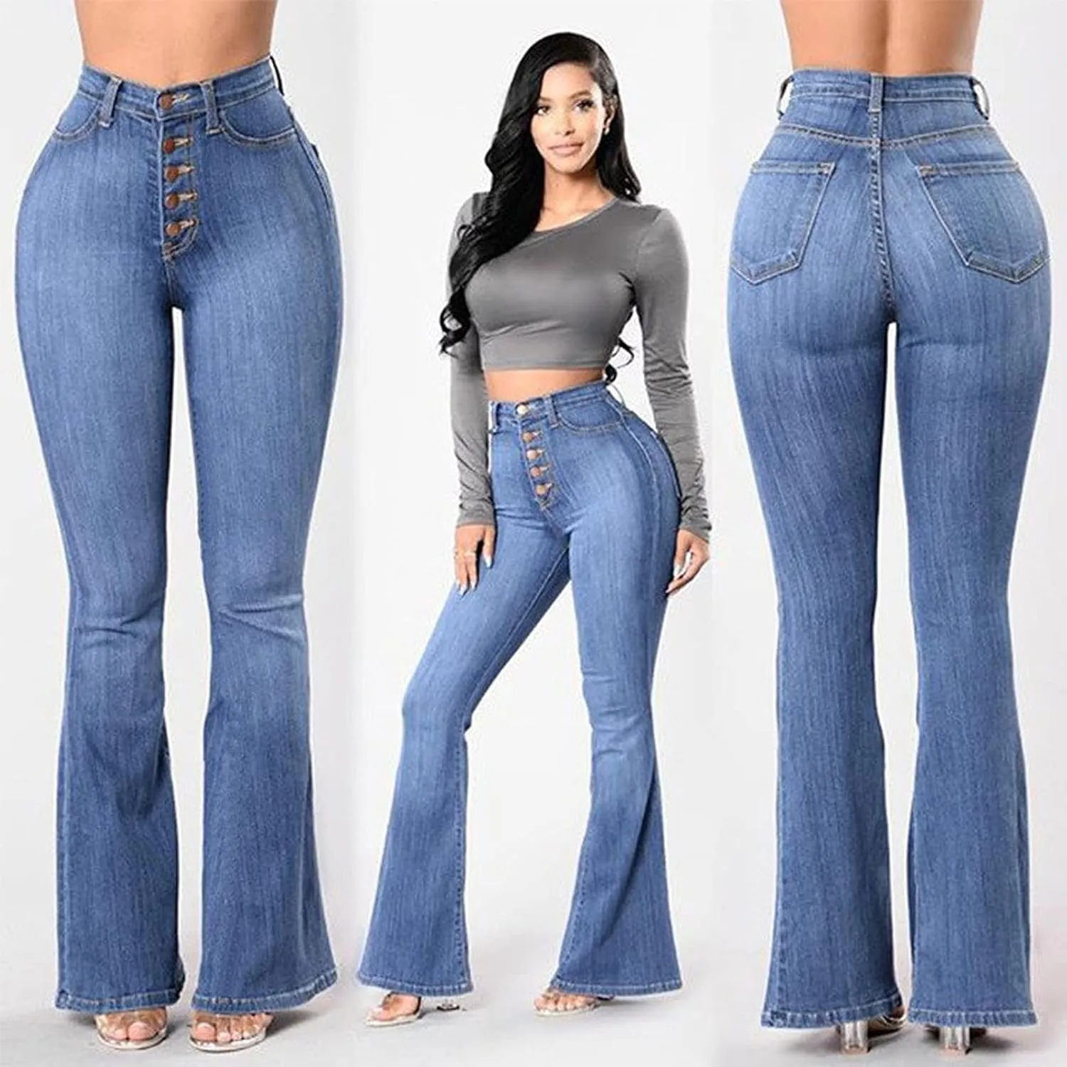 Women Bell Bottom Jeans Retro High Rise Trumpet Flare Jean Trendy Jogger Tummy Control Stretch Wide Leg Jeans