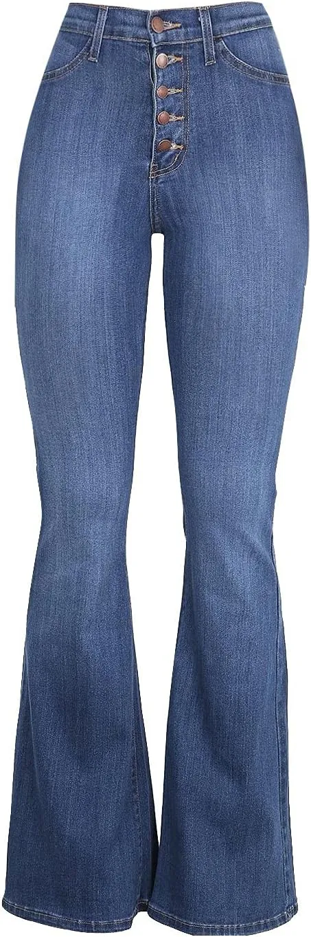 Women Bell Bottom Jeans Retro High Rise Trumpet Flare Jean Trendy Jogger Tummy Control Stretch Wide Leg Jeans
