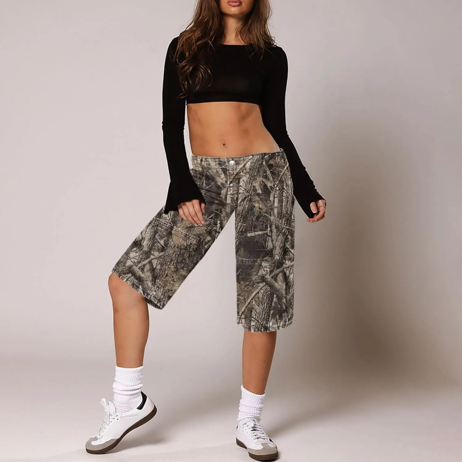 Women Camo Shorts Y2K Maple-Leaf Baggy Jorts Casual Long Jean Shorts Bermuda Shorts with Pocket Hiking Shorts