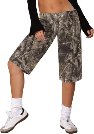 Women Camo Shorts Y2K Maple-Leaf Baggy Jorts Casual Long Jean Shorts Bermuda Shorts with Pocket Hiking Shorts