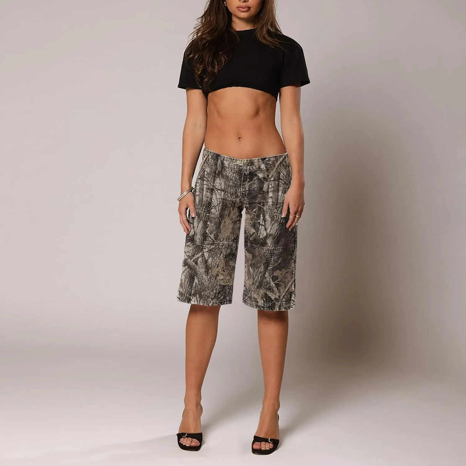 Women Camo Shorts Y2K Maple-Leaf Baggy Jorts Casual Long Jean Shorts Bermuda Shorts with Pocket Hiking Shorts