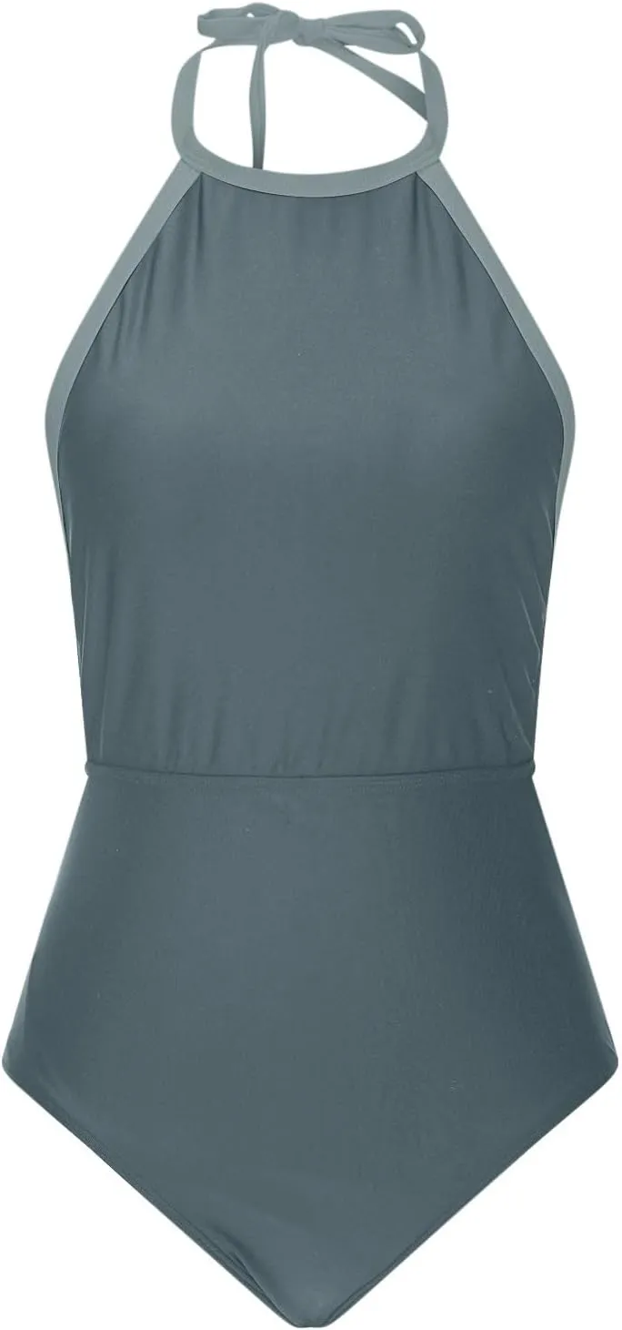 Women Color Block One Piece Swimsuit Tummy Control Swimwear Halter Neck Tie Backless Bathing Suit Sexy Swim Suits